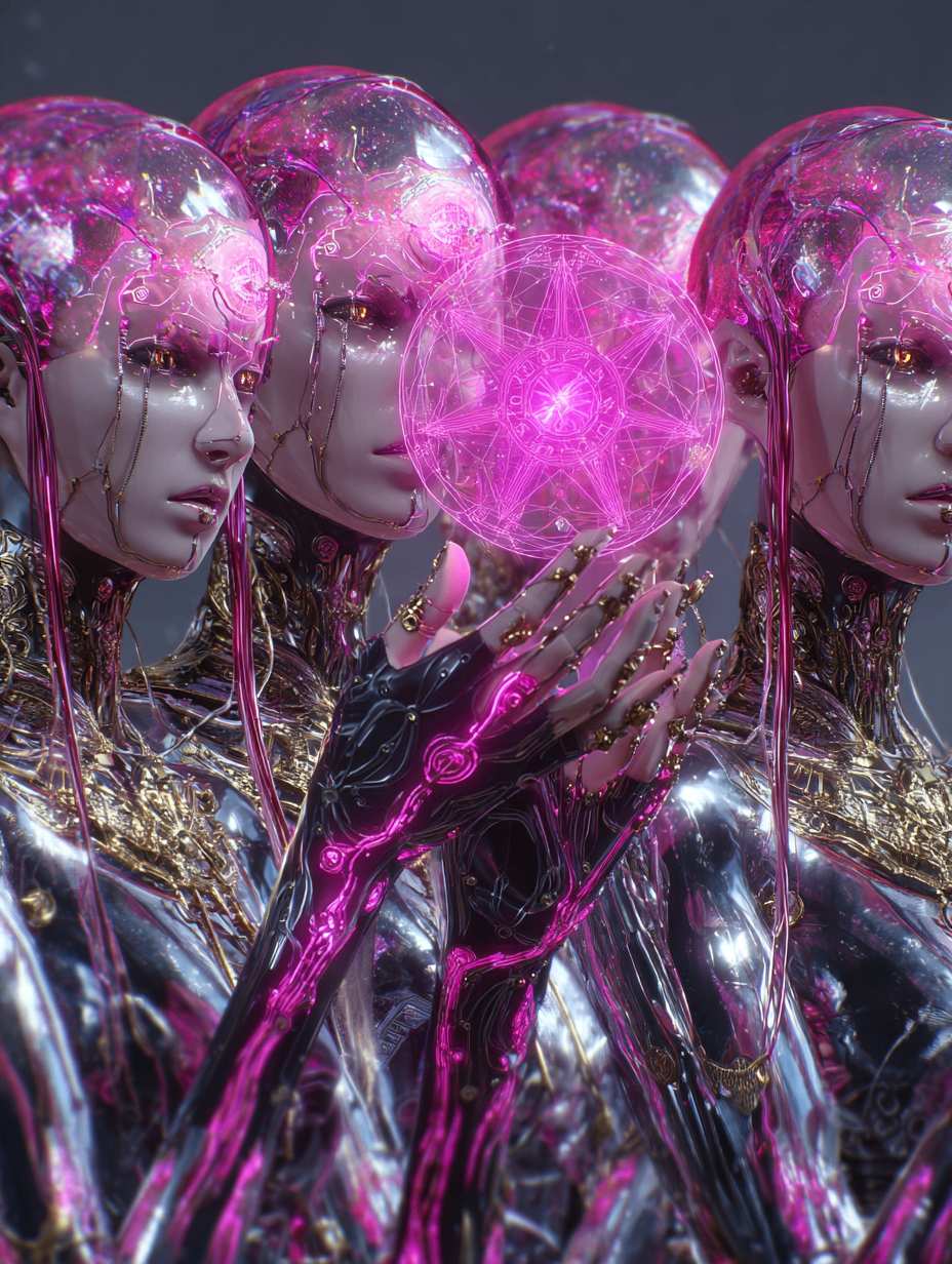 FLOVA AI macro editorial — chrome figures presenting a radiant pink ritual sphere
