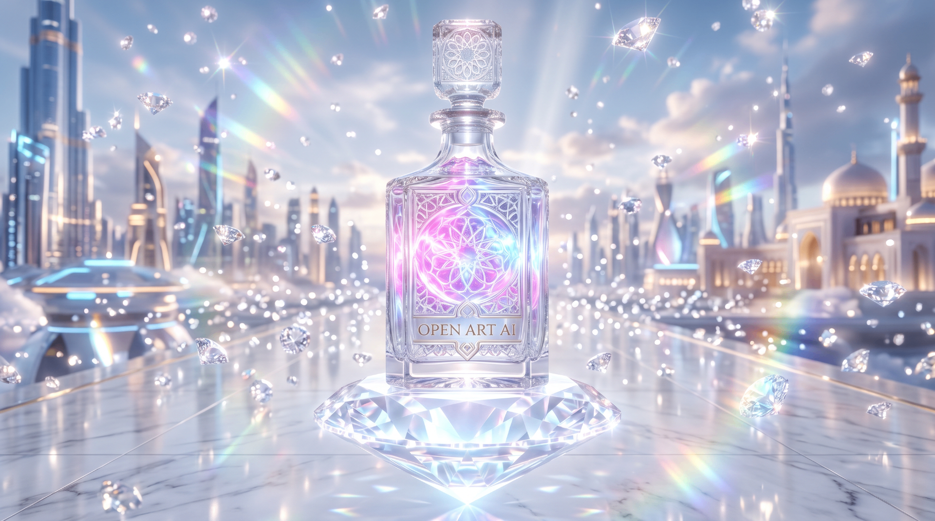 OpenArt AI crystal bottle hero — futuristic skyline campaign visual