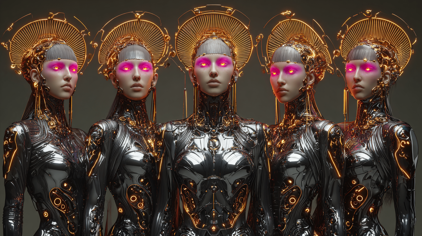 FLOVA AI campaign visual — luminous creator collective with gold halos and neon magenta eyes