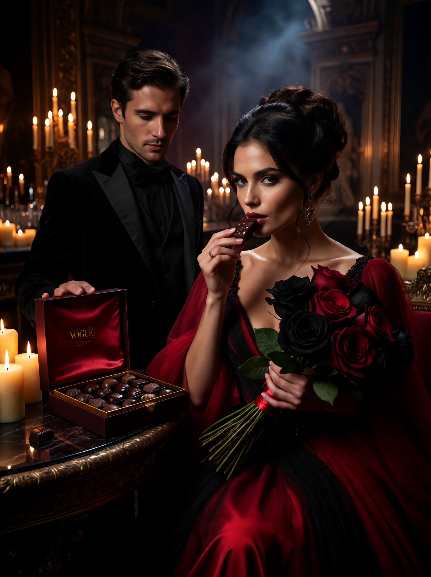Imagine Art AI candlelit campaign — couple sharing chocolates in baroque interior