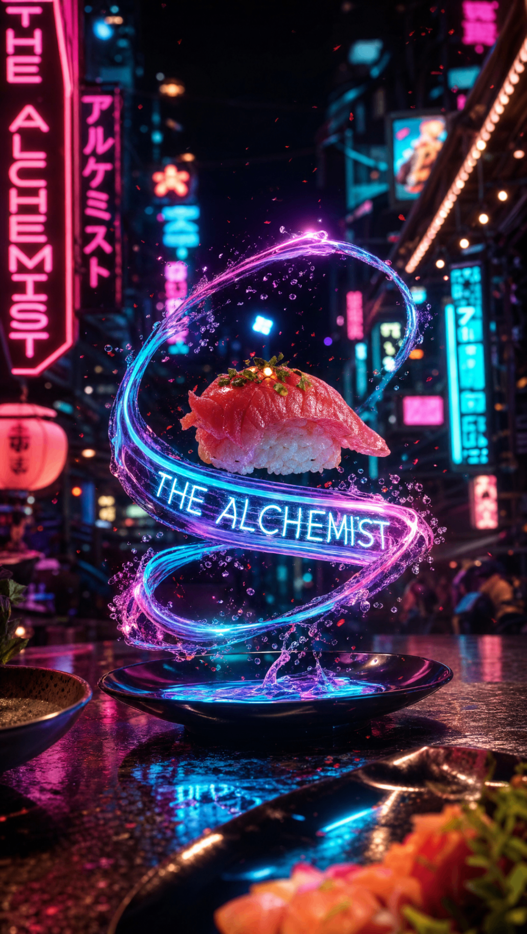 Pollo AI cinematic city visual — floating nigiri above a neon Tokyo nightscape