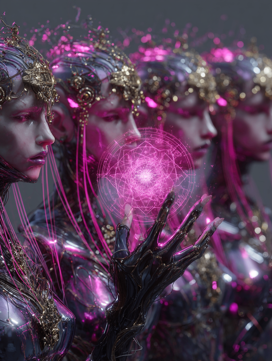 FLOVA AI cinematic collective portrait — chrome figures gathered around a pink holographic energy orb