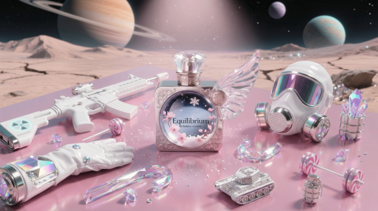 Pink lunar arsenal scene — Equilibrium bottle centred among chrome weaponry, helmet and crystal accessories