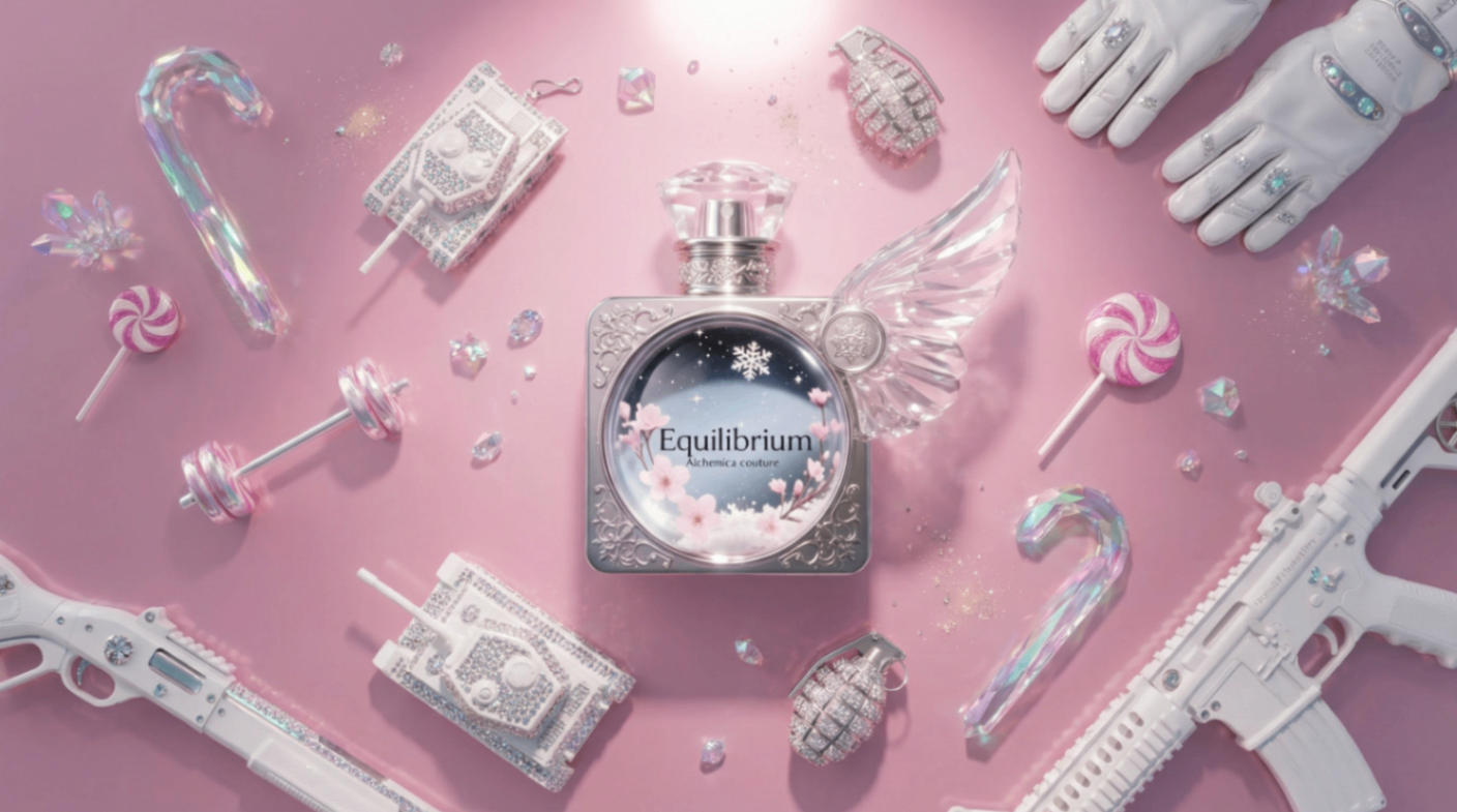 Overhead flatlay of Equilibrium fragrance surrounded by crystal candy canes, jewelled tanks and chrome rifles
