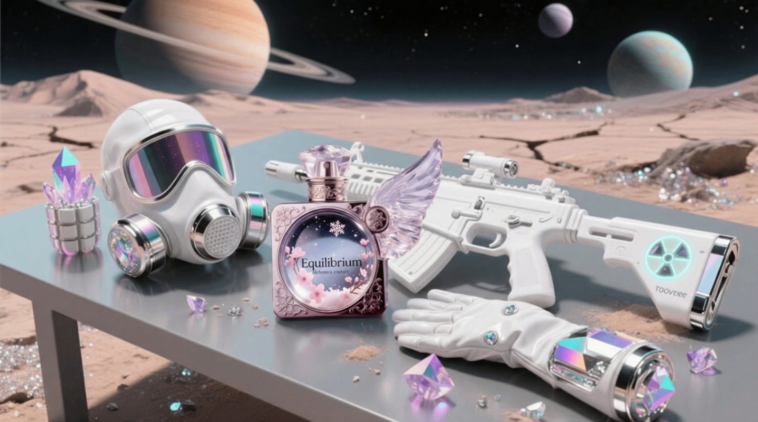 Lunar tablescape product still — Equilibrium bottle with chrome helmet, sidearm and crystals on extraterrestrial terrain