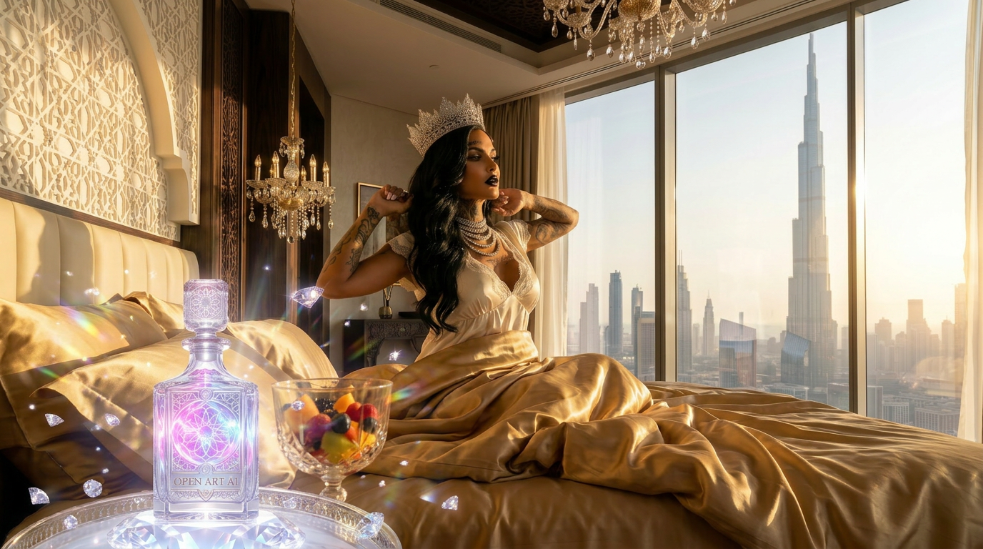 OpenArt AI penthouse editorial — crowned creator with luminous bottle