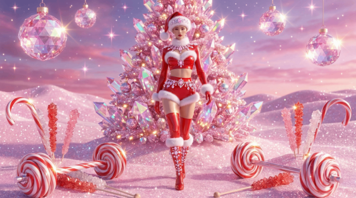 Crystal couture festive editorial — figure in red velvet before a luminous crystal Christmas tree