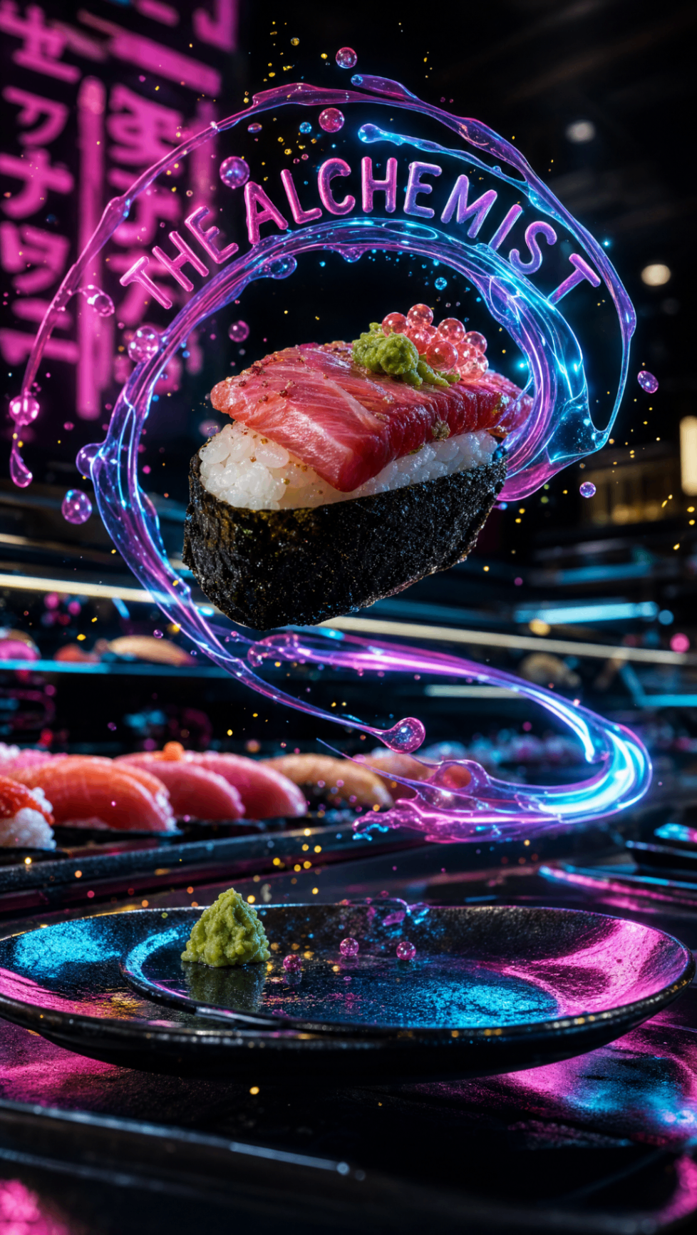 Pollo AI premium food visual — wagyu-style nigiri framed by electric alchemist lettering