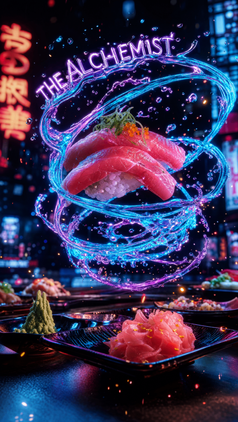 Pollo AI creator visual — glowing tuna nigiri suspended inside a neon spiral