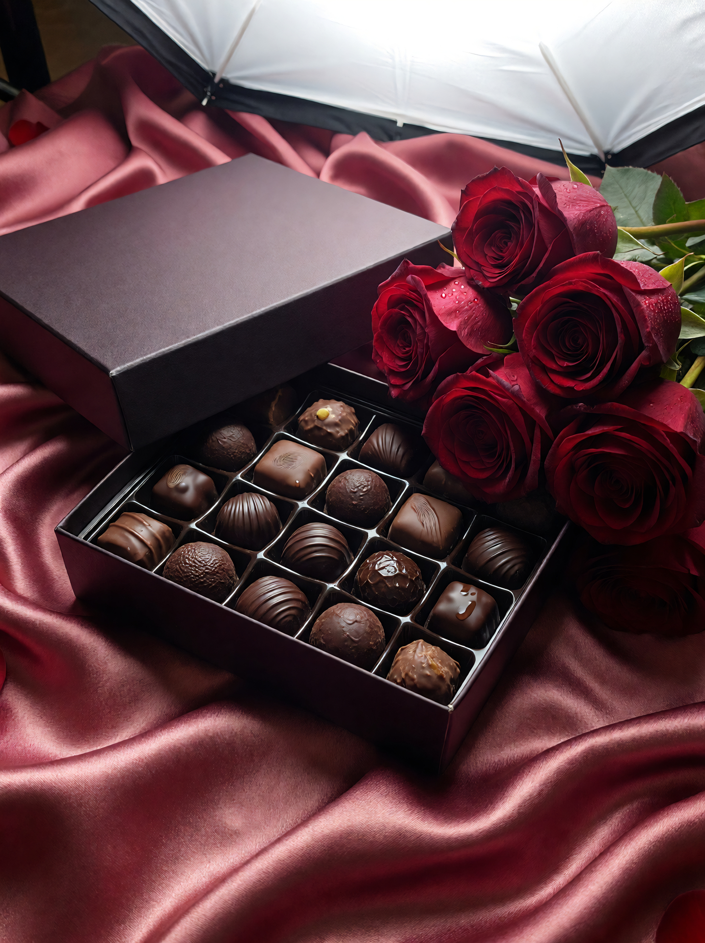 Imagine Art AI top-down flatlay — chocolate box with red roses on satin