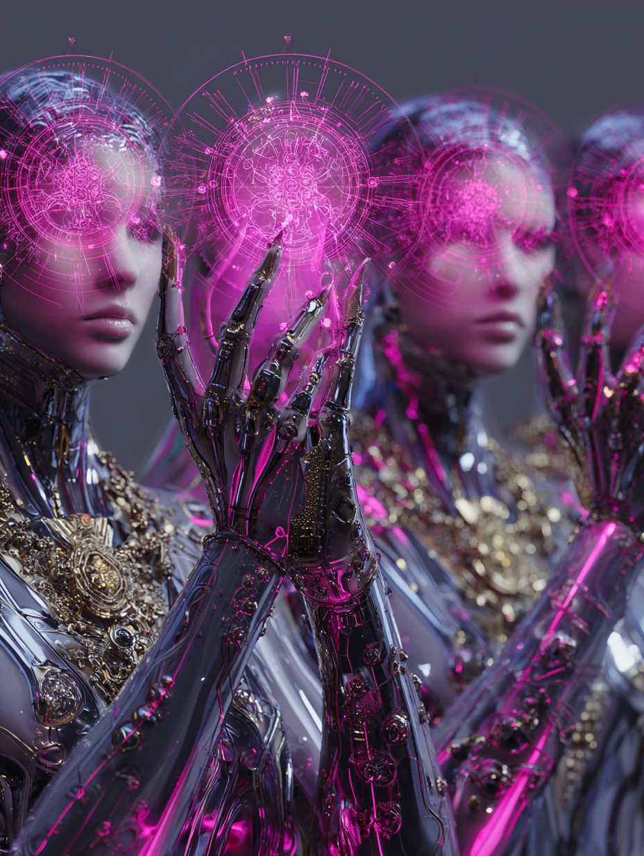 FLOVA AI creator interface visual — mirrored chrome figures with pink circular HUD sigils