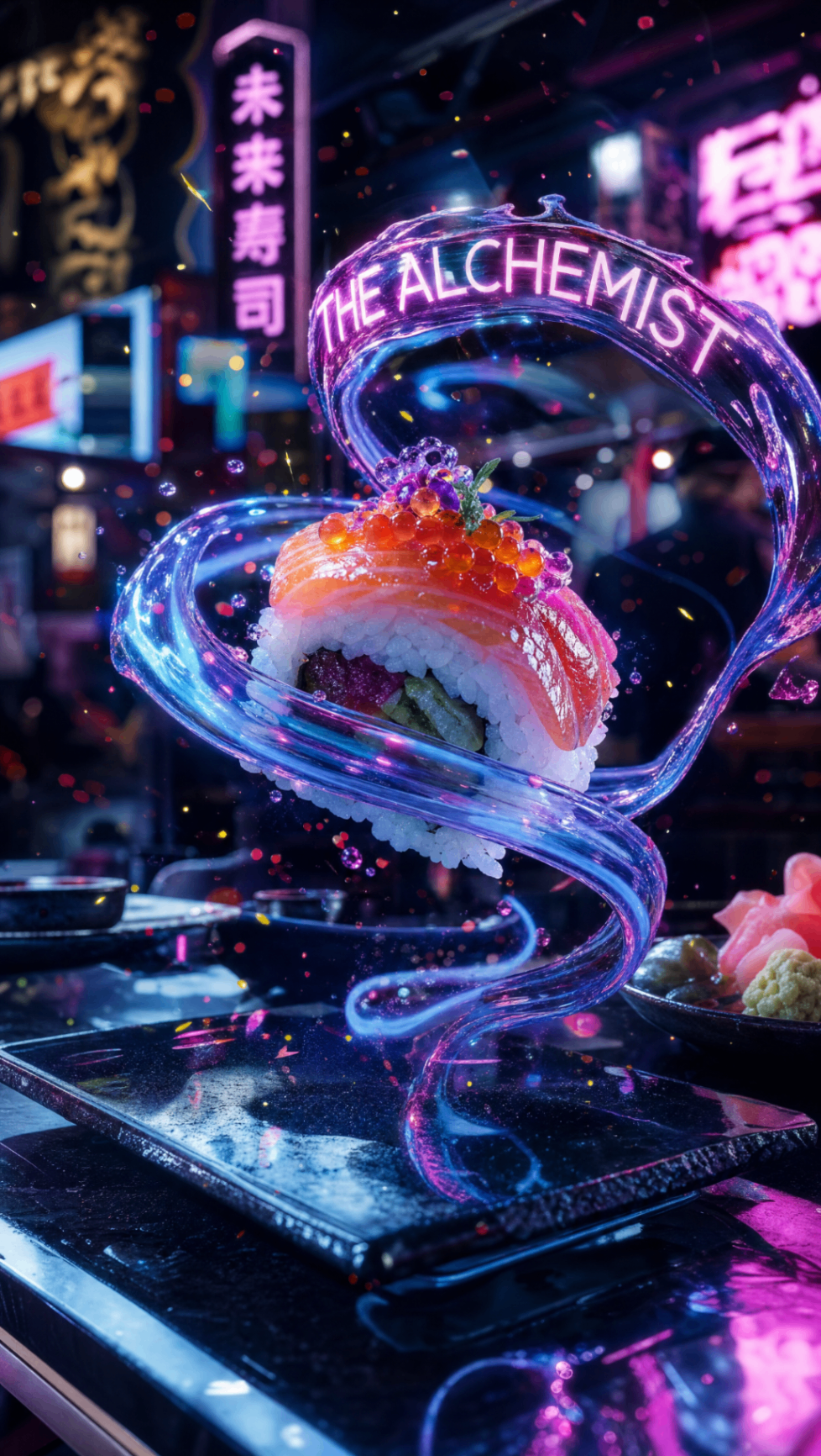 Pollo AI food campaign — futuristic salmon roll wrapped in luminous alchemist ribbon