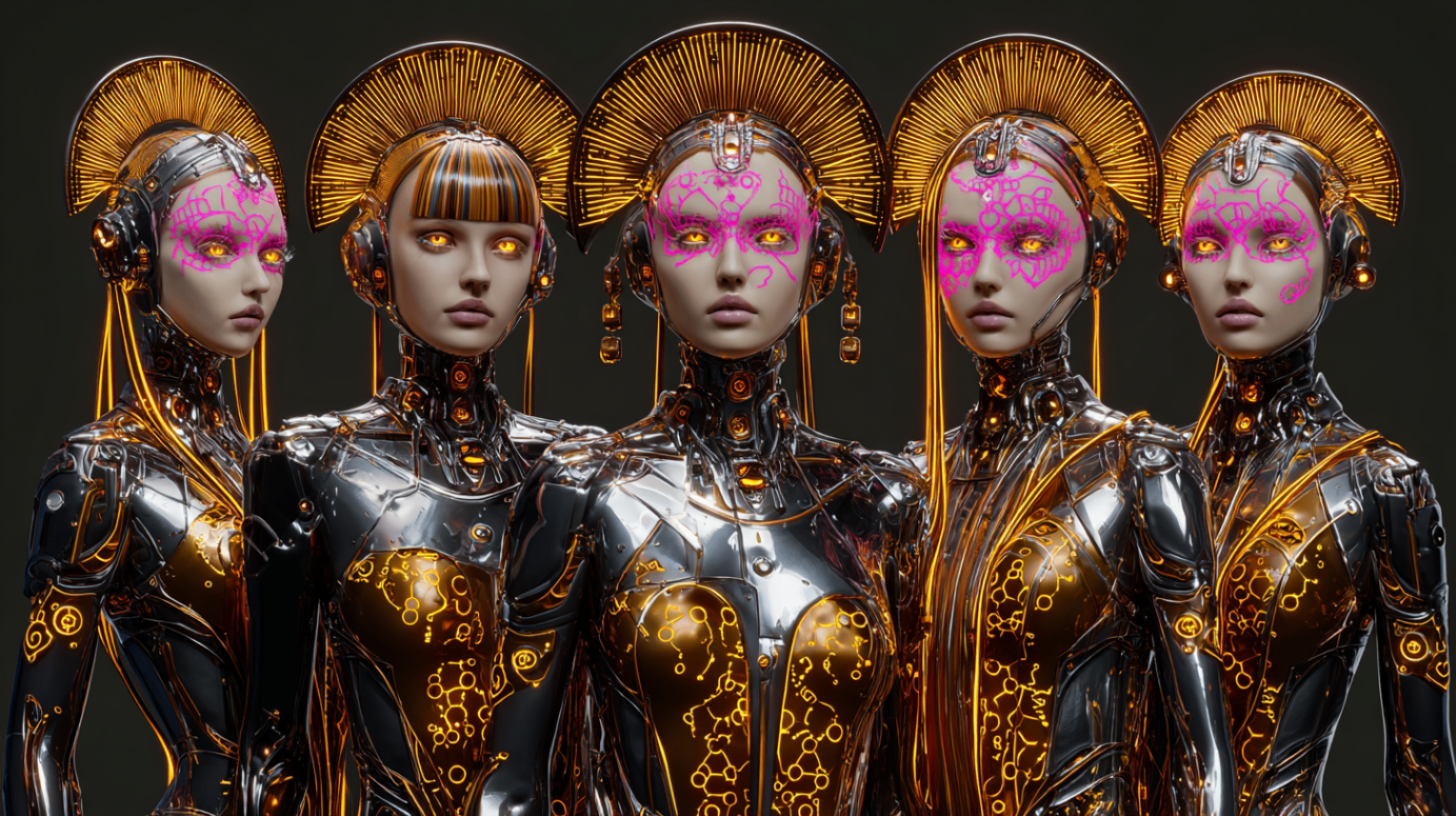 FLOVA AI editorial visual — five chrome convent figures with amber circuitry and magenta facial glyphs