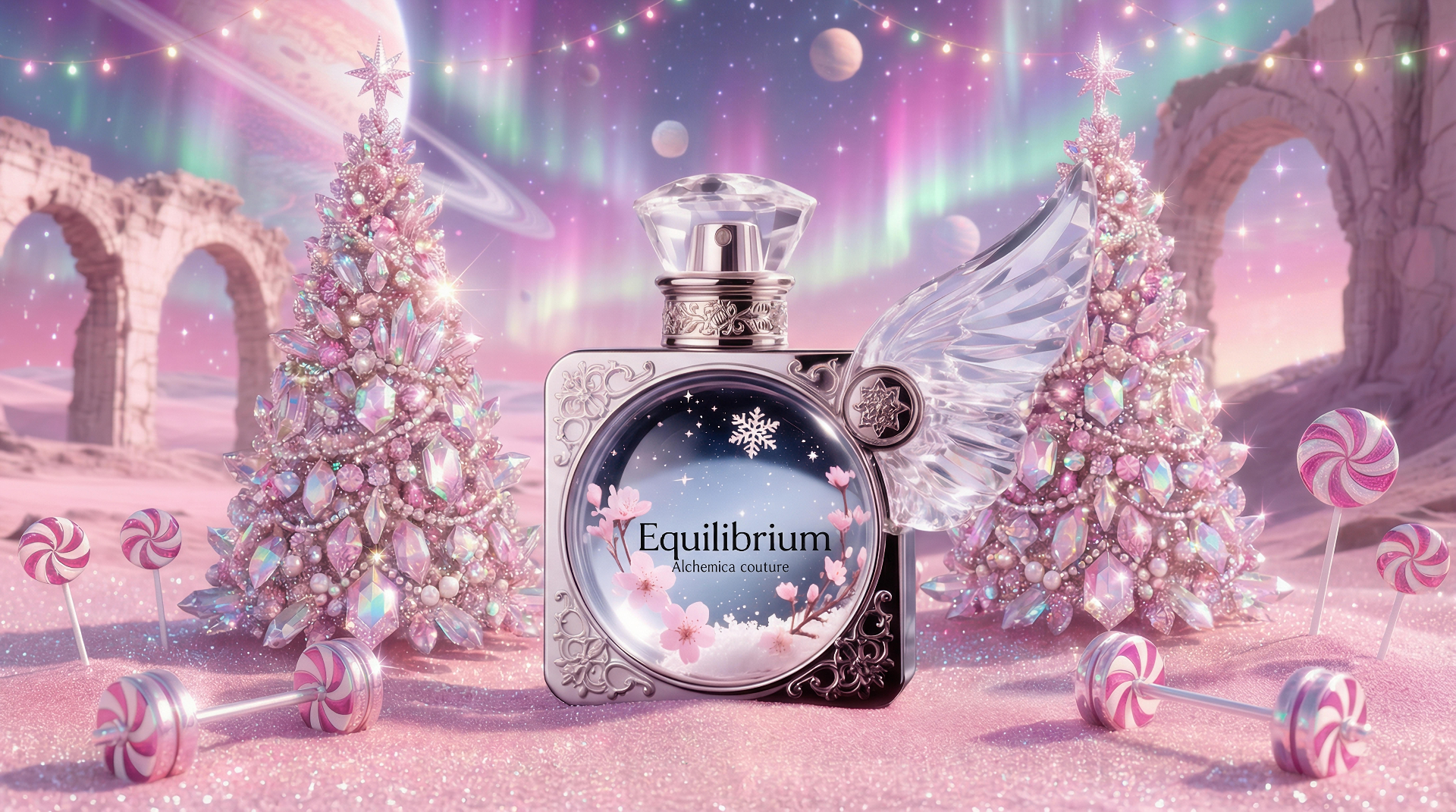Equilibrium perfume bottle with crystal wing beneath aurora-lit pink desert sky — produced with Wondershare creative tools