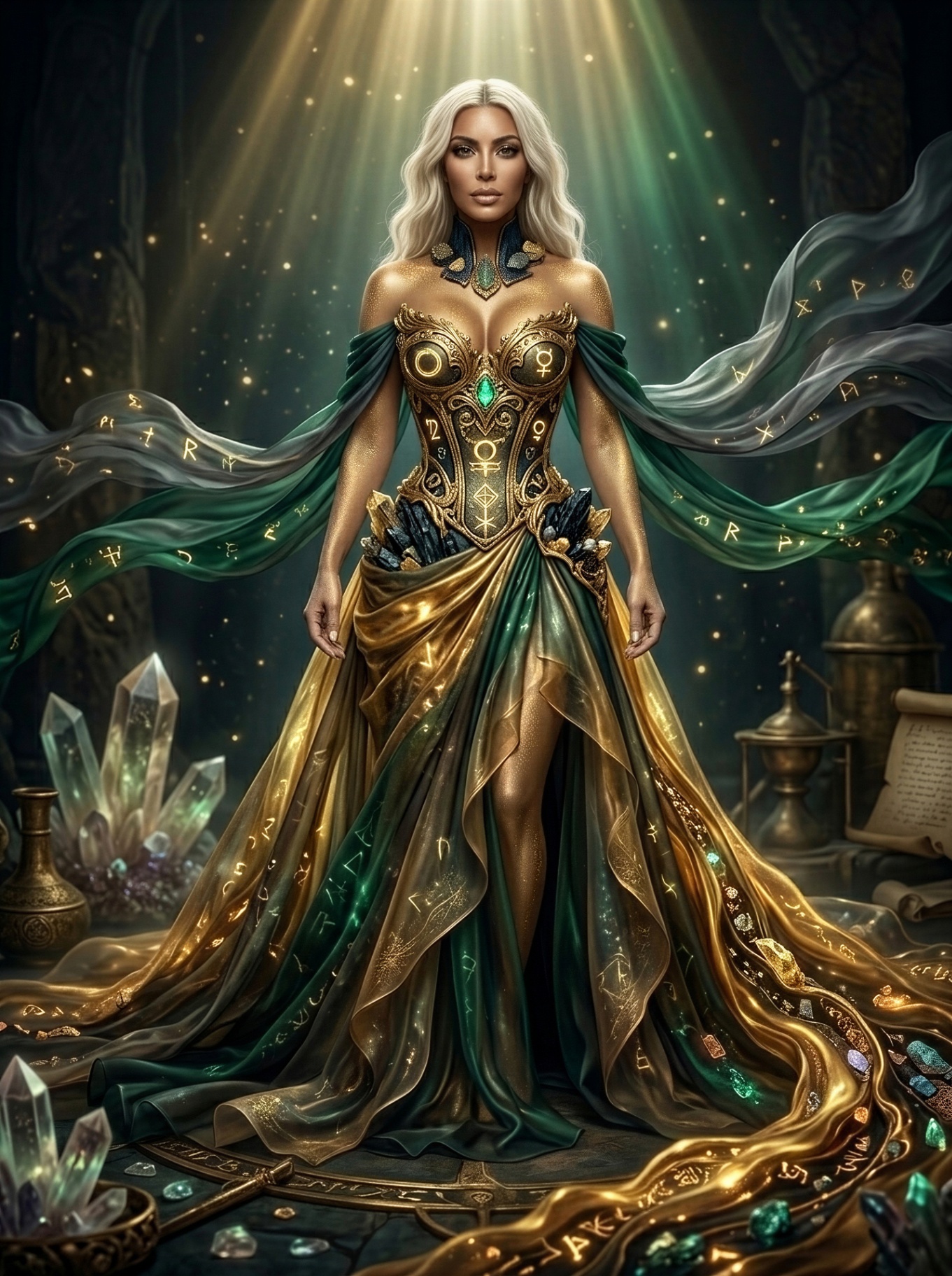 Caimera AI — ancient alchemist in gilded emerald regalia
