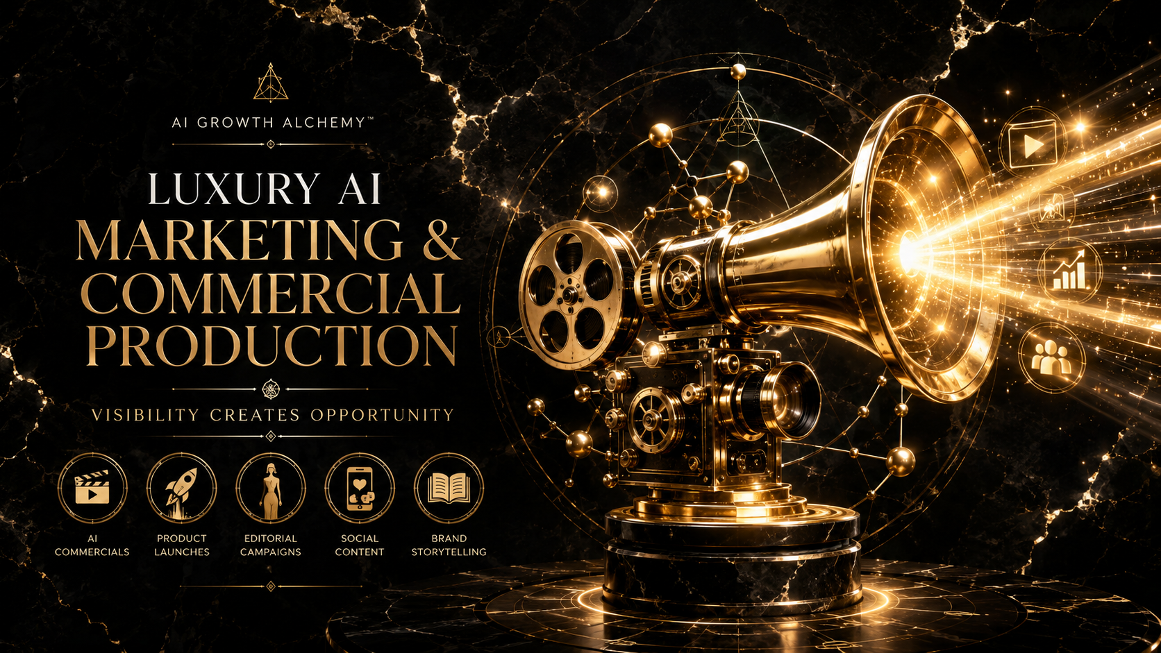 Luxury AI Marketing & Commercial Production — golden cinematic projector poster