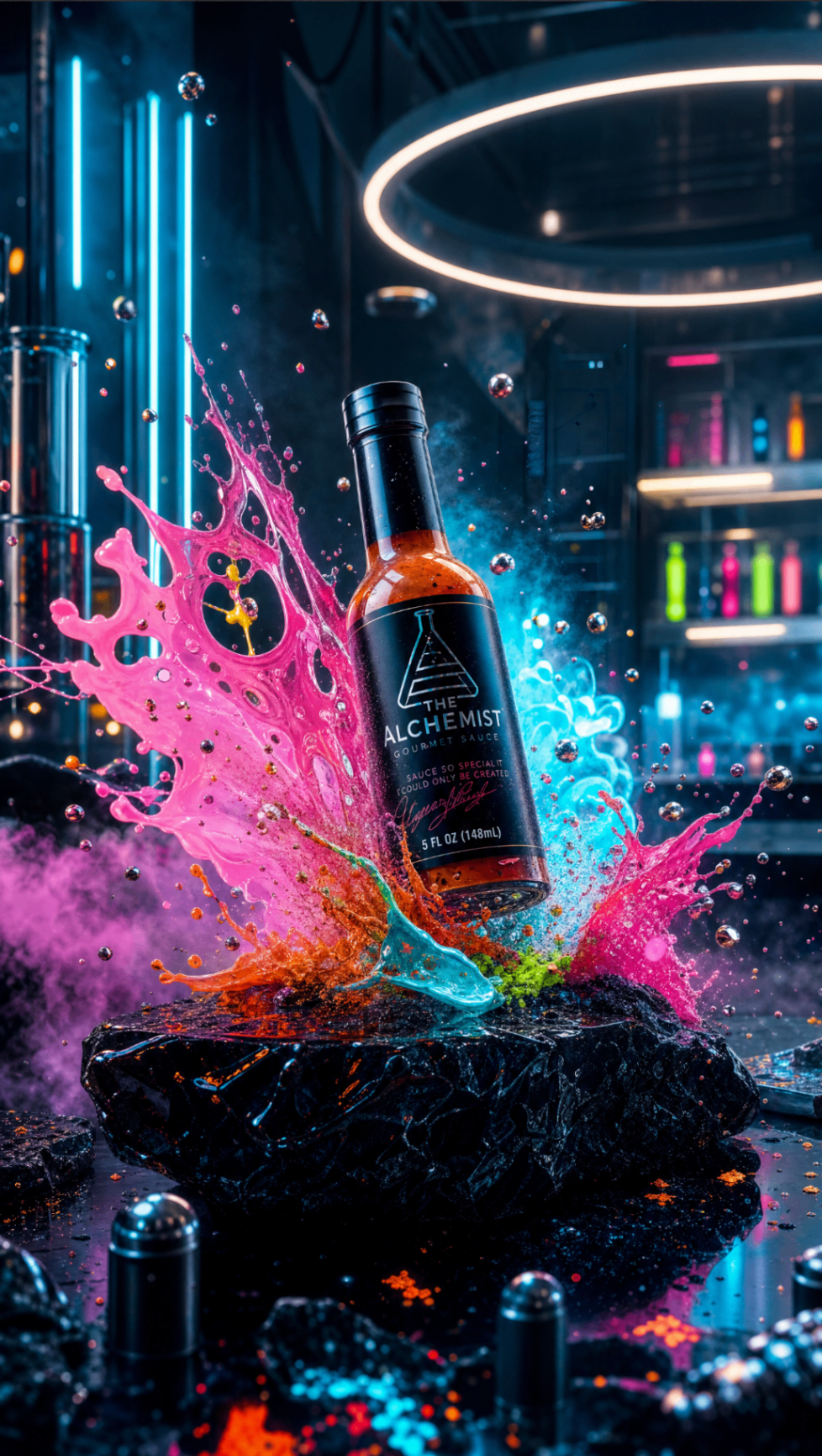 Pollo AI editorial product visual — The Alchemist gourmet sauce levitating above obsidian stone