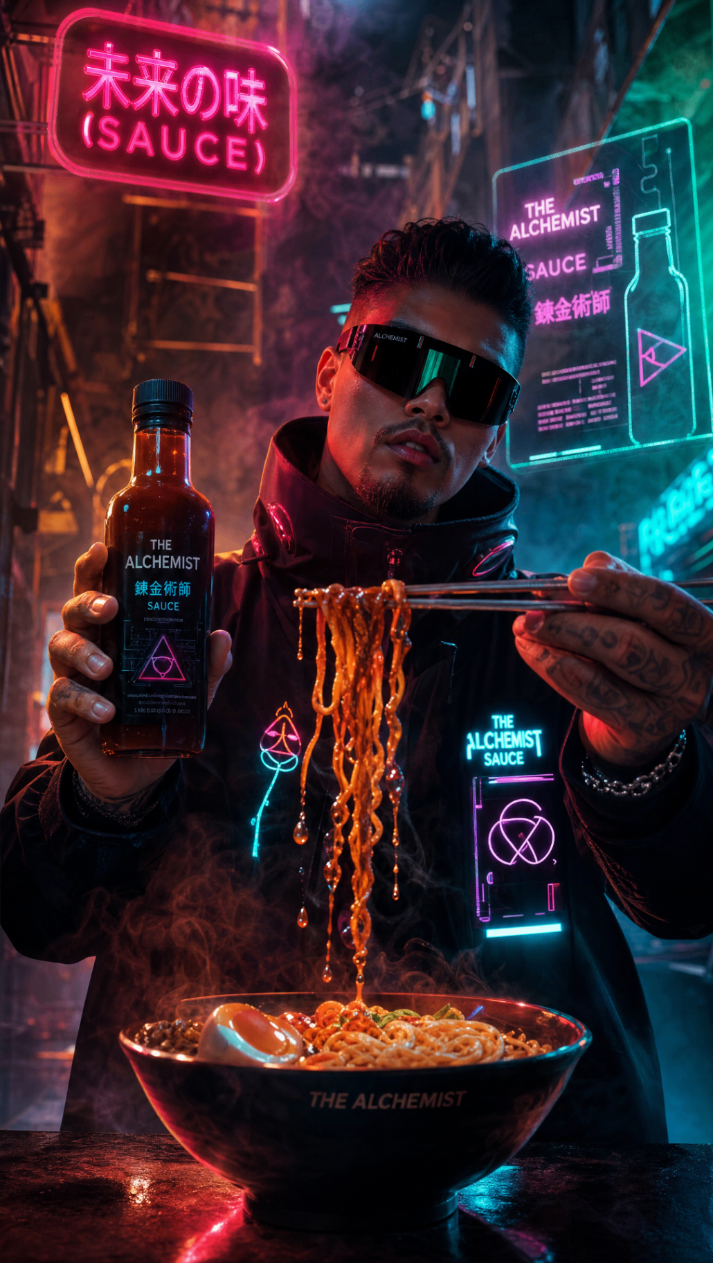 Pollo AI creator portrait — cyberpunk chef presenting The Alchemist sauce in a neon alley