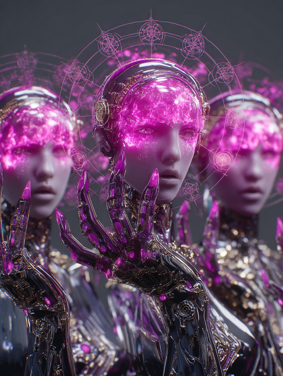 FLOVA AI ritual interface close-up — central chrome figure with glowing pink mindscape and metallic hand