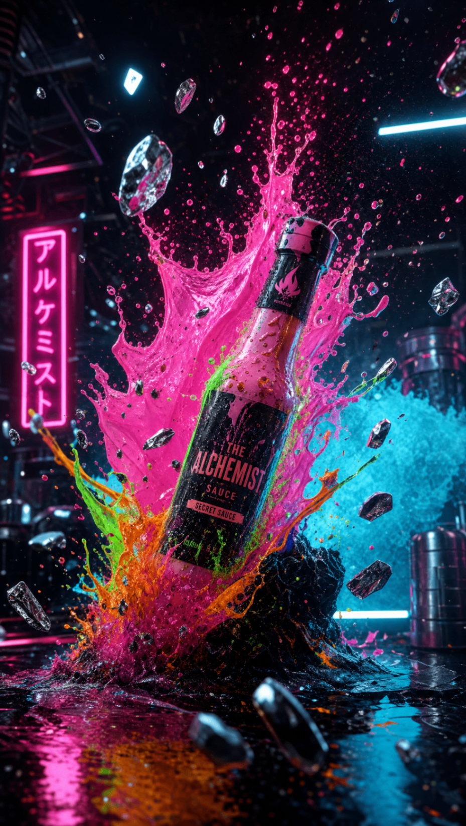 Pollo AI campaign visual — The Alchemist bottle exploding through vibrant neon colour