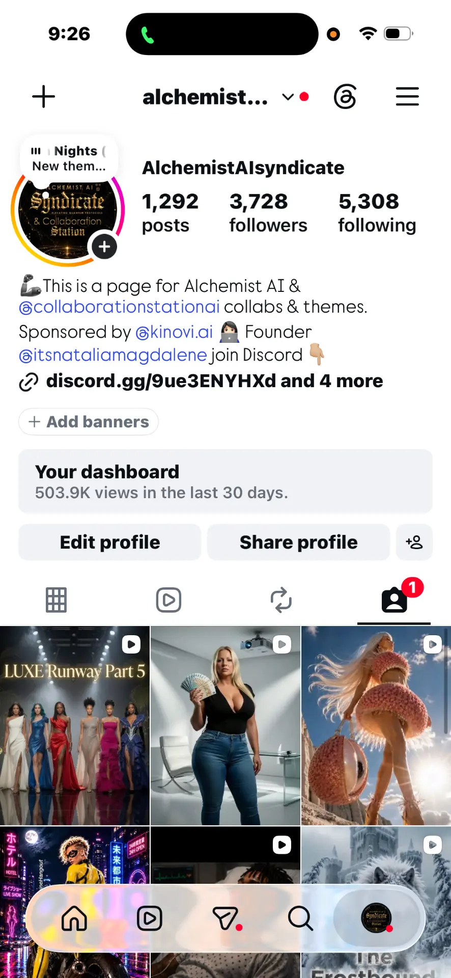 AlchemistAIsyndicate Instagram profile — 3,728 followers, 503.9K views in the last 30 days